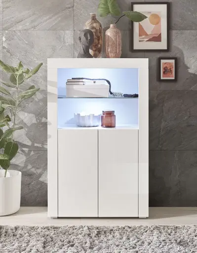 Highboard- Weiß, Weiß, Hochglanz, 