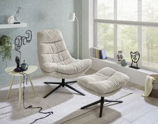 Relaxsessel mit Hocker - drehbar, Cord, Beige