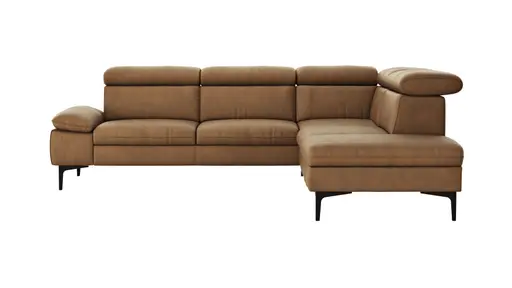 Ecksofa Felipa - 2,5-Sitzer mit Ecke rechts inkl. Kopfteil verstellbar, Leder, Cognac