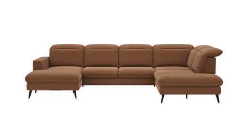 Wohnlandschaft Alegria - Longchair links mit 2,5-Sitzer und Ecke rechts inkl. Schlaffunktion und Kopfteil/ Sitztiefe verstellbar, Stoff, Kurkuma