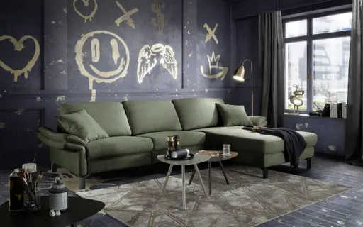 Ecksofa CALM PREMIUM 2.0 - 3-Sitzer mit Longchair rechts, Relaxfunktion motorisch, Armlehne verstellbar, Stoff, Dunkelgrün