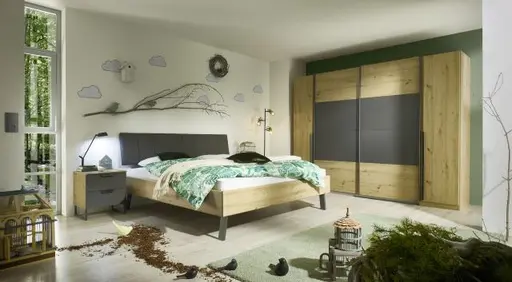 Schwebetürenschrank ROMAN- B ca. 180 cm, Eiche Dekor, Dunkelgrau