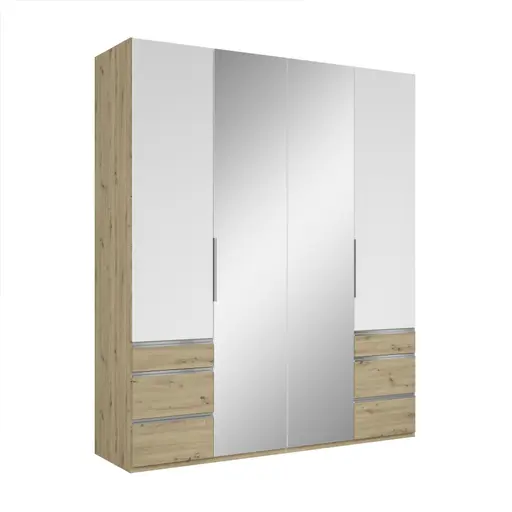 Drehtürenschrank- B ca. 200 cm, Eiche Dekor, Weiß, Spiegel