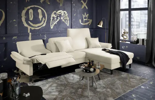 Ecksofa CALM PREMIUM 2.0 - 3-Sitzer mit Longchair rechts, Relaxfunktion motorisch, Armlehne verstellbar, Stoff, Natur