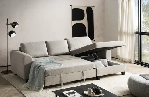 Ecksofa - 2-Sitzer, Ecke rechts inkl. Schlaffunktion mit Bettkasten, Stoff, Steingrau