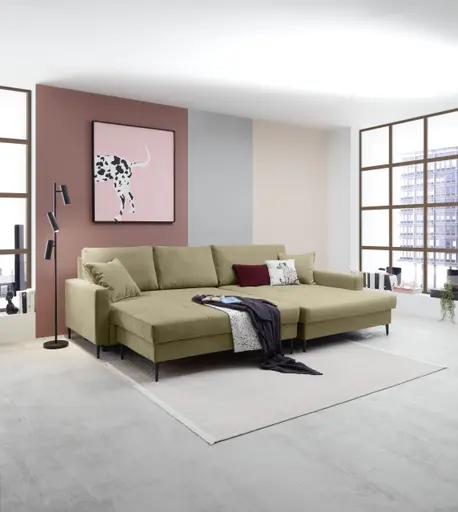 Ecksofa - 3-Sitzer mit Longchair rechts, Schlaffunktion mit Bettkasten, Stoff, Olive
