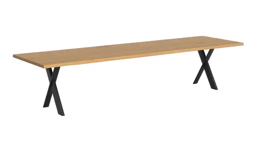 Esstisch 3100 - LB ca. 350x100 cm, Asteiche massiv, Waldkante, Kreuzfuß, Schwarz