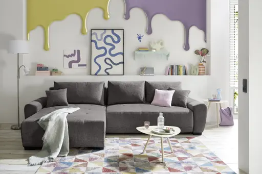 Ecksofa - Longchair links mit 2-Sitzer, Schlaffunktion mit Bettkasten, Stoff, Graphit