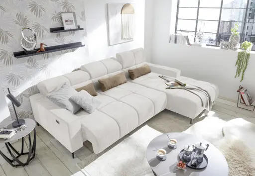 Ecksofa - 2-Sitzer mit Longchair rechts, Sitztiefe verstellbar motorisch/Kopfteil verstellbar, Stoff, Sand
