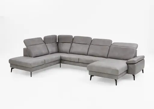 Wohnlandschaft - Ecke links mit 2,5-Sitzer und Longchair rechts, Kopfteil verstellbar, Leder, Alufarben