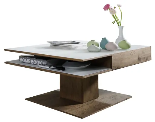 Couchtisch - Schublade, LBH105x75x46 cm, Kerneiche massiv, Mattglas, Weiß