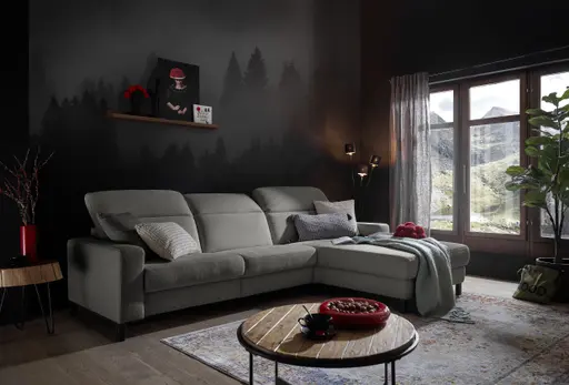 Ecksofa - CALM FLEX 2.0, 3-Sitzer mit Longchari rechts, Kopfteil verstellbar, Stoff, Dunkelgrau