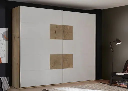 Schwebetürenschrank- B ca. 270 cm, Eiche Dekor, Hellgrau, Hirnholz