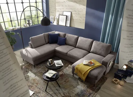 Wohnlandschaft - Ecke links mit 2-Sitzer und Longchair rechts, Stoff, Mocca