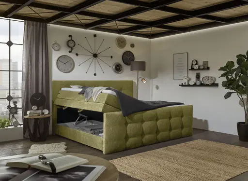 Boxspringbett SANDRIN I- Liegefläche ca. 200x200 cm, Stoff, Grün,  inkl. Stauraum und Fußteil