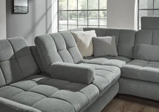 Ecksofa - 2,5-Sitzer mit Ecke rechts, Sitztiefe verstellbar (manuell), Chenilleflachgewebe, Eisengrau