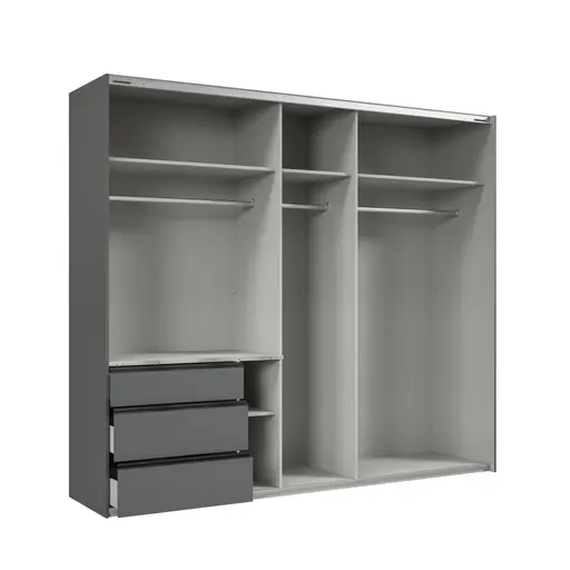 Schwebetürenschrank- B ca. 250 cm, Graphit, Eiche Dekor