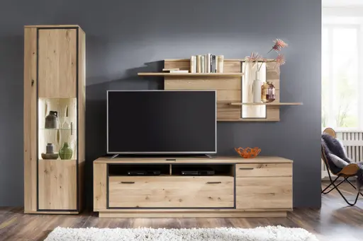 Wohnwand - mit Beleuchtung, Eiche teilmassiv