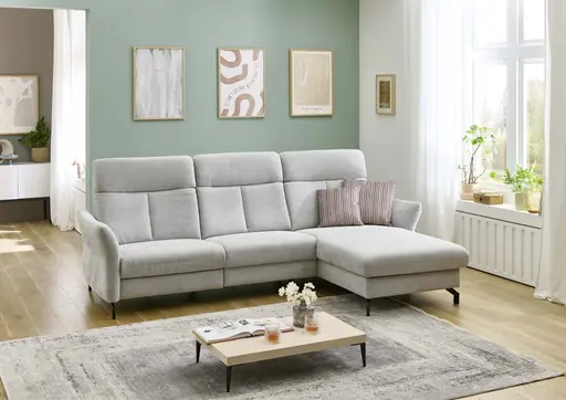 Ecksofa - 2-Sitzer mit Longchair rechts, Kopfteil verstellbar, Stoff, Silbergrau
