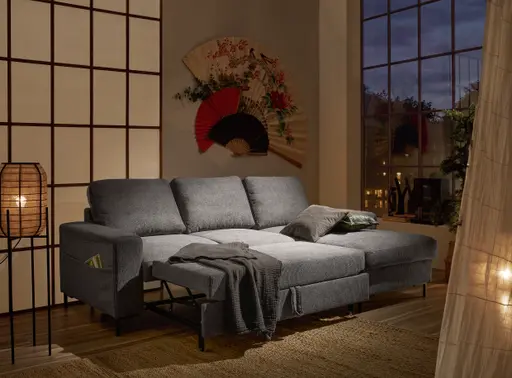 Ecksofa - 2-Sitzer mit Longchair rechts, Stoff, Mocca