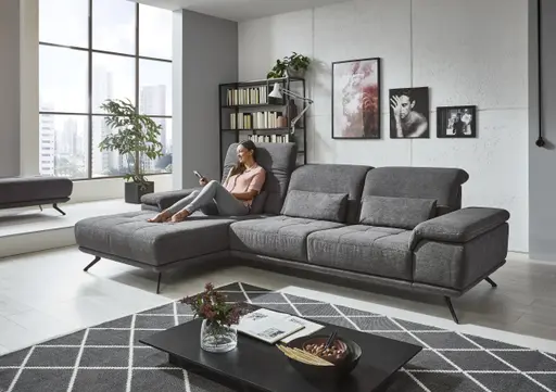 Sofa - Longchair links mit 3-Sitzer inkl. Kopfteil verstellbar, Stoff, Anthrazit