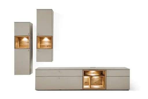 Wohnwand - mit Beleuchtung, Lack Steingrau