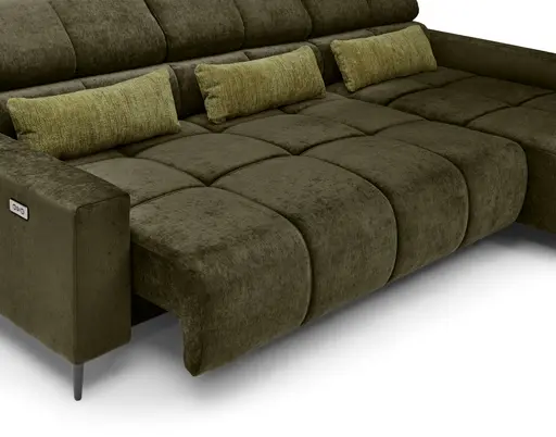 Ecksofa - 2-Sitzer mit Longchair rechts, Sitztiefe verstellbar motorisch/Kopfteil verstellbar, Stoff, Dunkelgrün