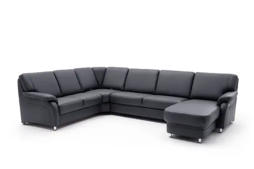 Wohnlandschaft - Ecke links mit 2,5-Sitzer und Longchair rechts, Leder, Schwarz