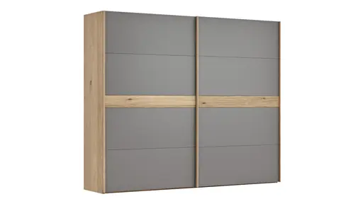 Schwebetürenschrank Viana - B ca. 271 cm, Lack, Steingrau, Riffholz, Balkeneiche