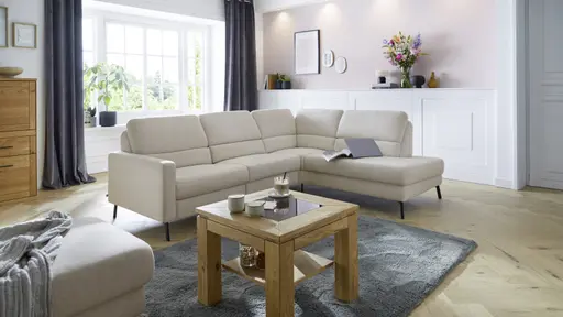 Ecksofa Valera - 3-Sitzer mit Ecke rechts inkl. Rückenlehne verstellbar und Relaxfunktion motorisch, Stoff, Natur