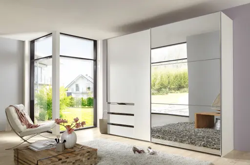 Schwebetürenschrank- B ca. 250 cm, Weiß, Spiegel