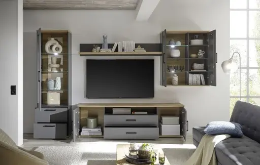 Wohnwand - mit Beleuchtung, Grau, Artisan Eiche Nachbildung