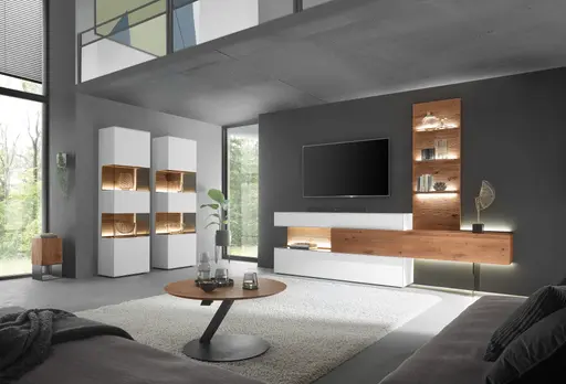 Vitrine - mit Beleuchtung, Birke massiv, Weiß lackiert, Applikation Kerneiche Umato