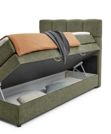 Boxspringbett SANDRIN R- Liegefläche ca. 140x200 cm, Stoff, Braungrün, inkl. Stauraum und Fußteil