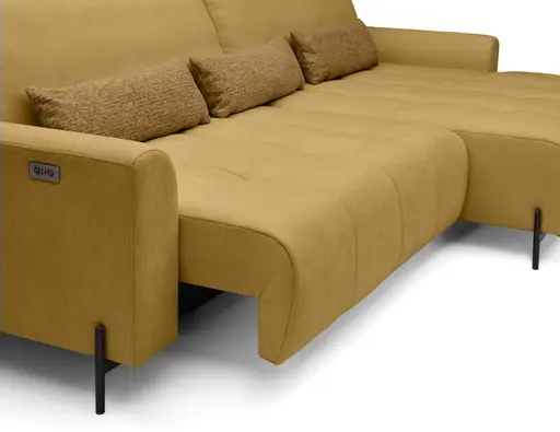 Ecksofa - 2-Sitzer mit Longchair rechts, Sitztiefe verstellbar motorisch, Stoff, Senfgelb
