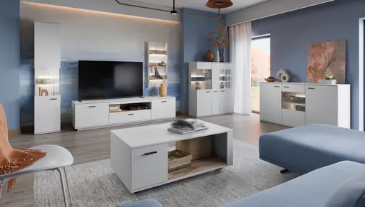 Highboard - mit Beleuchtung, B ca. 115 cm, Alpinweiß, Viking Eiche Nachbildung