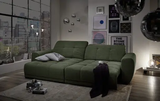 Ecksofa - Longchair links mit 2-Sitzer, Kopfteil verstellbar, Sitztiefe verstellbar motorisch, Stoff, Moos