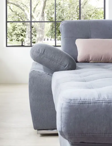 Wohnlandschaft - Longchair links, 3-Sitzer, Ecke rechts inkl. Kopfteilverstellung, Armteilverstellung in Flachgewebe blaugrau