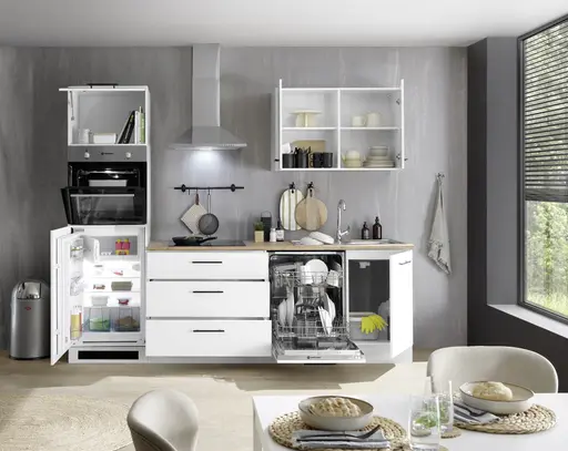 Küchenblock- inkl. E-Geräte, B ca. 260 cm, Weiß Matt, Eiche Dekor