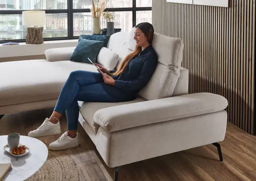  Ecksofa - Longchair links mit 1,5-Sitzer, Kopfteil verstellbar, Stoff, Ecru