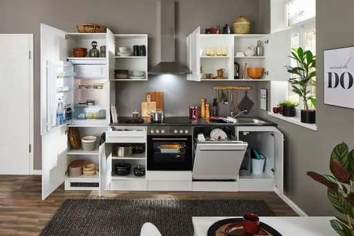 Küchenblock- Inkl. E-Geräte, B ca. 280cm, Weiß, Weiß Hochglanz