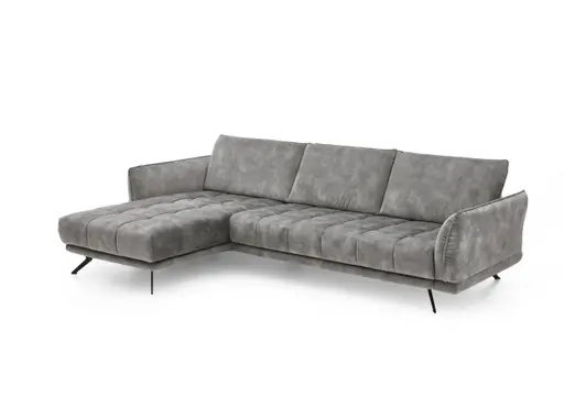 Ecksofa - Longchair links mit 3-Sitzer, Velourstoff, Silbergrau