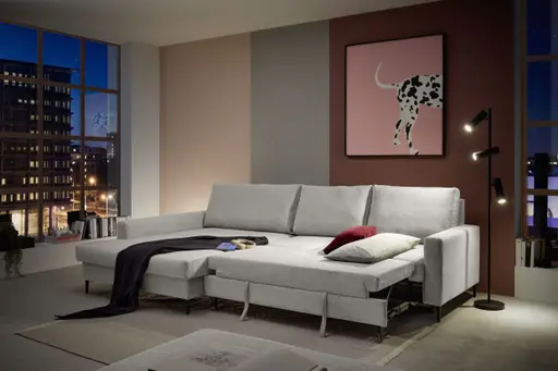 Ecksofa - Longchair links mit 3-Sitzer, Schlaffunktion mit Bettkasten, Stoff, Creme