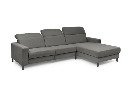 Ecksofa - CALM FLEX 2.0, 3-Sitzer mit Longchari rechts, Kopfteil verstellbar, Stoff, Dunkelgrau