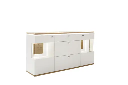 Sideboard mit Beleuchtung - Weiß, Absetzung Wildeiche Furnier