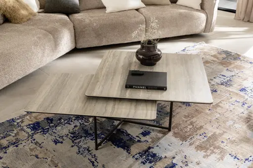 Couchtisch Cena - LB ca. 132x108 cm, Platten drehbar, Keramik, Travertin 