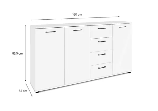 Sideboard- B ca. 160 cm, Weiß, Hochglanz
