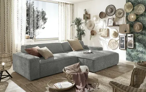 Ecksofa - 2-Sitzer mit Longchair rechts, Sitzvorzug motorisch, Stoff, Graphit