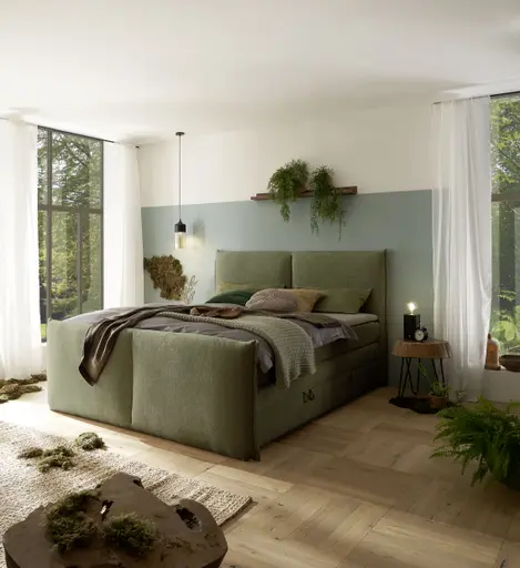 Boxspringbett SANDRIN L - Liegefläche ca. 180x200 cm, Stoff, Olivgrün, inkl. Stauraum und Fußteil