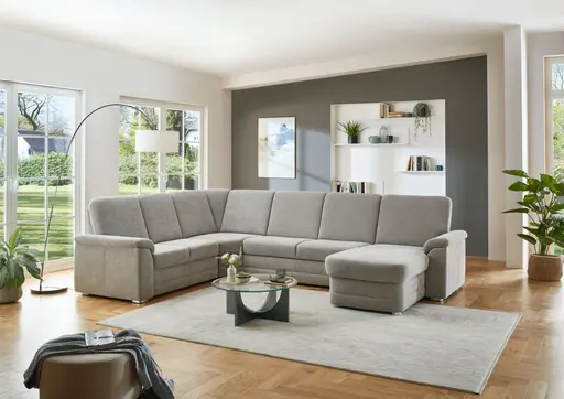 Wohnlandschaft  - Ecke links mit 2,5-Sitzer und Longchair rechts, Stoff Alufarben